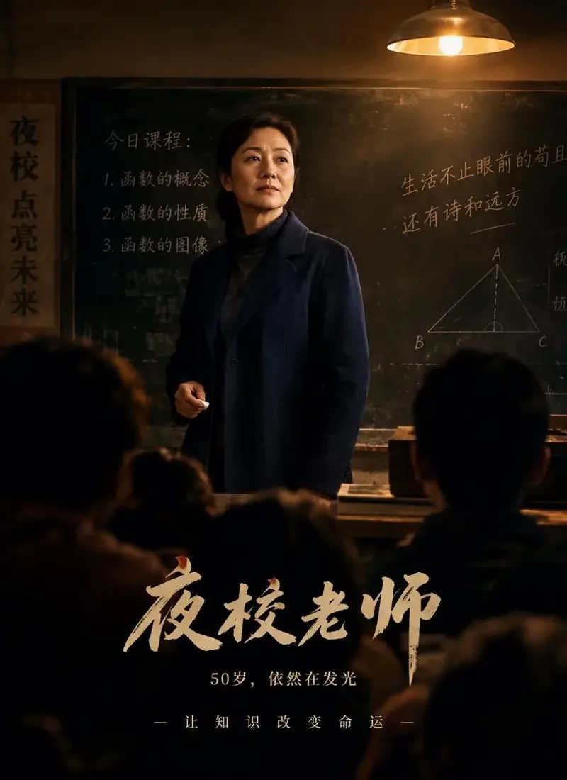《五十岁的讲台》封面：五十岁女性在夜校黑板前授课，粉笔灰在暖光中飘浮