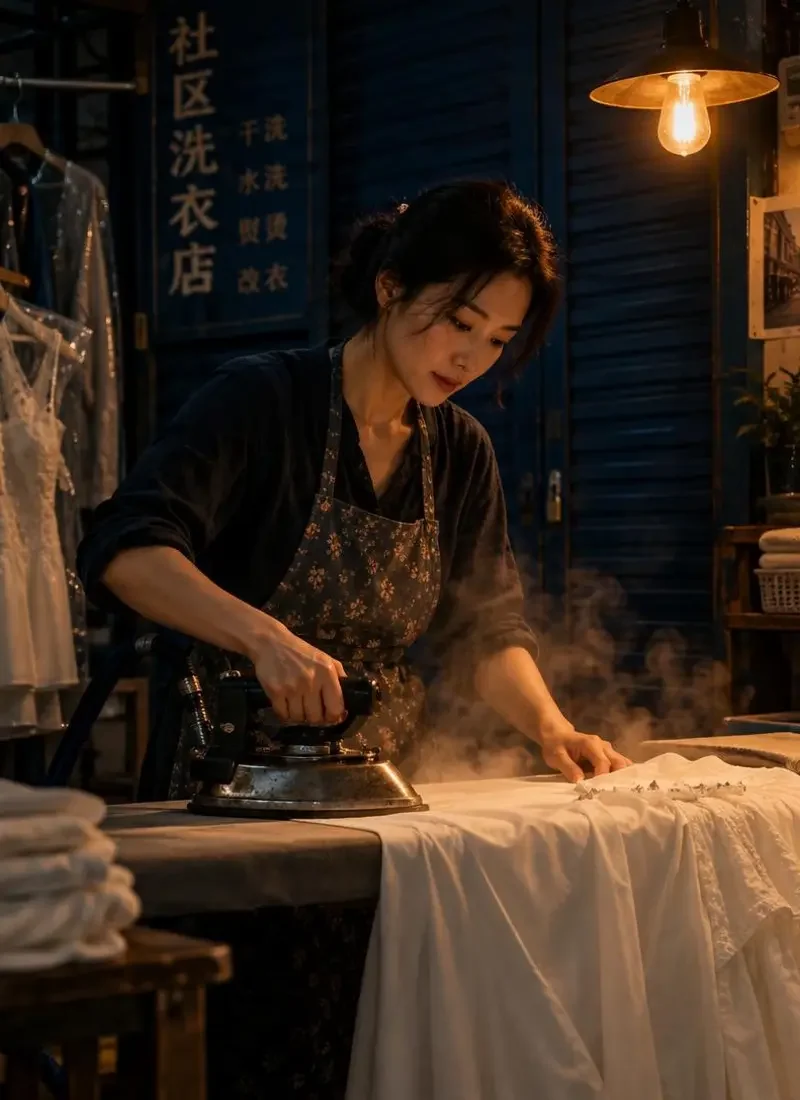《洗衣铺里的白连衣裙》封面：女店主在洗衣铺暖灯下熨烫一条白色连衣裙