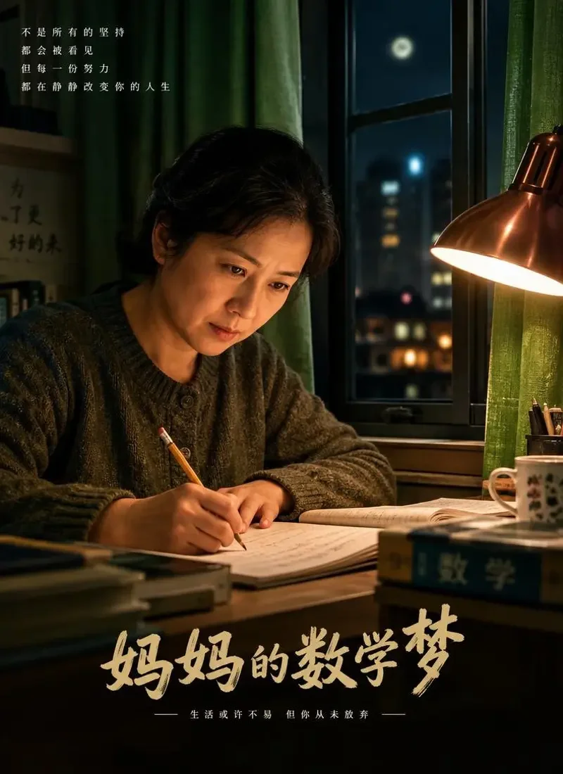 《四十五岁的考场》封面：中年母亲在夜校课桌前握笔备考，暖黄台灯照亮笔记本