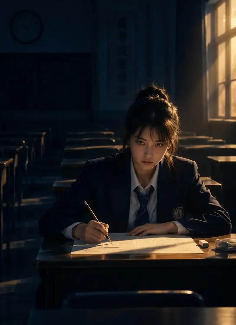 《联考最后一张卷子》封面：考场只剩一名穿校服的女生，在夕阳里继续答题