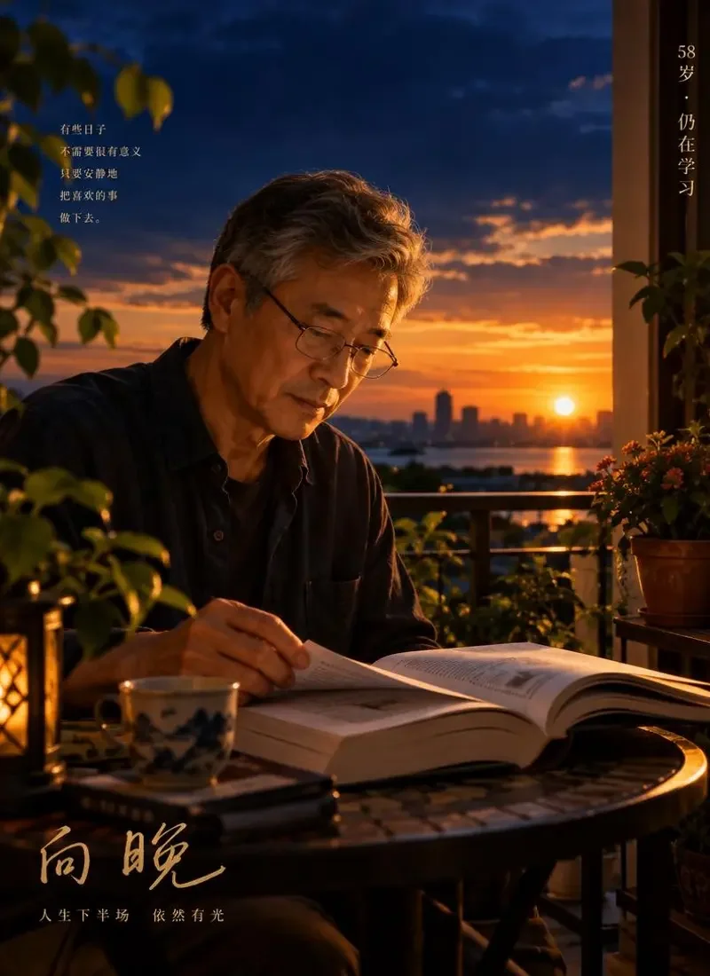 《备考的黄昏》封面：58 岁男人戴着老花镜在阳台夕照下翻读教材