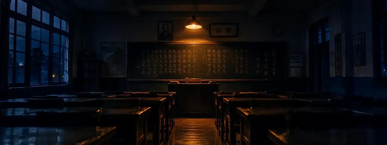 夜校教室黑板与成排课桌,一盏暖黄吊灯照亮整间屋子